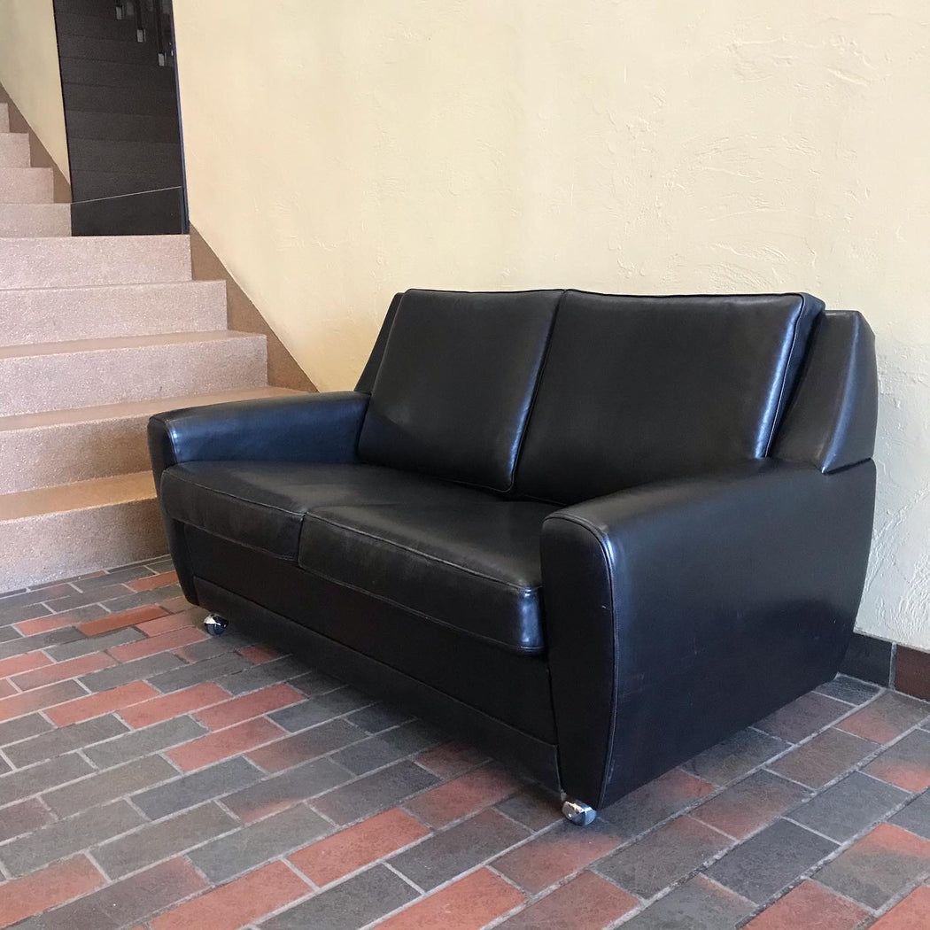 1970s Black Leather Loveseat