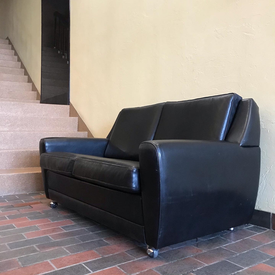 1970s Black Leather Loveseat