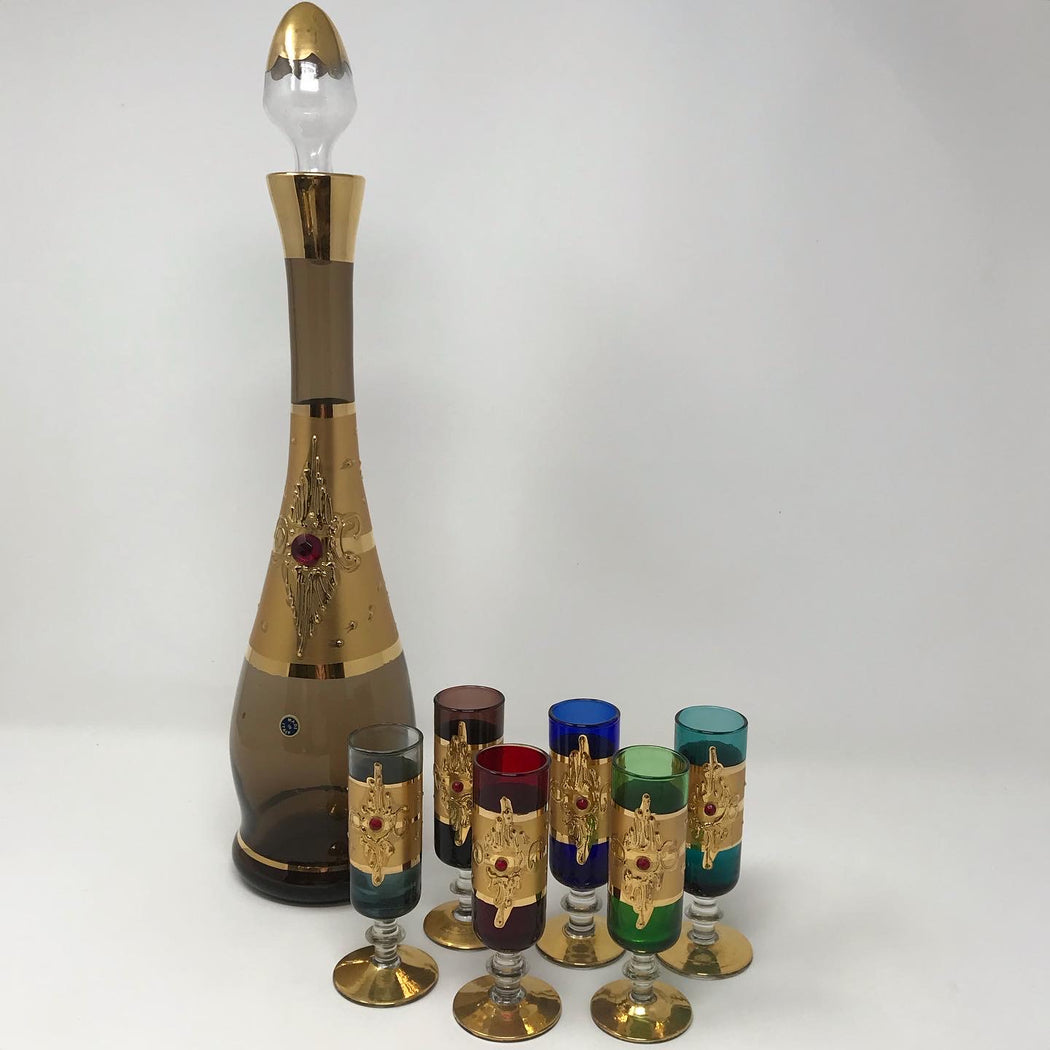 SALE • Italian Gold Jewel Decanter + Glasses