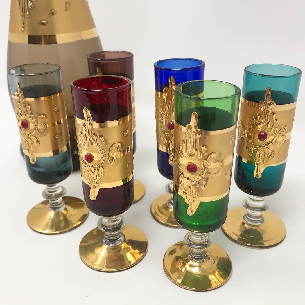 SALE • Italian Gold Jewel Decanter + Glasses