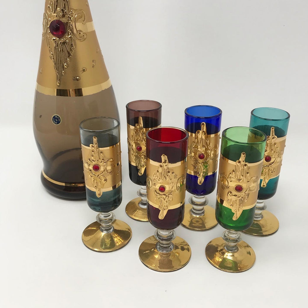 SALE • Italian Gold Jewel Decanter + Glasses