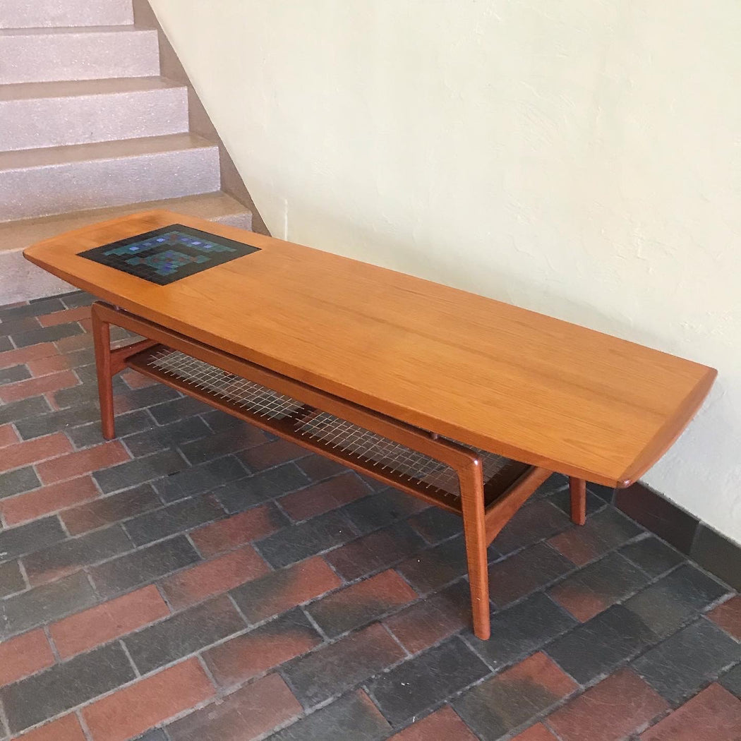 SOLD • Hovmand Olsen Teak Surfboard Coffee Table with Tile Mosaic