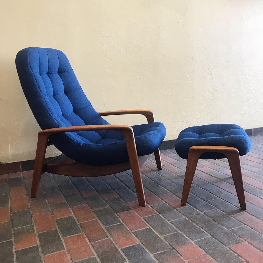 SOLD • Blue R. Huber Scoop Chair + Ottoman
