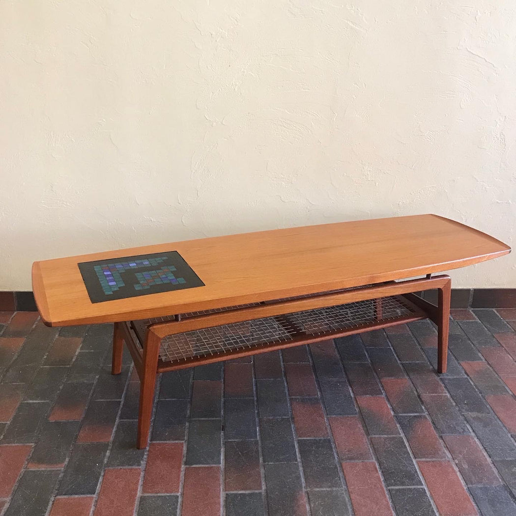 SOLD • Hovmand Olsen Teak Surfboard Coffee Table with Tile Mosaic