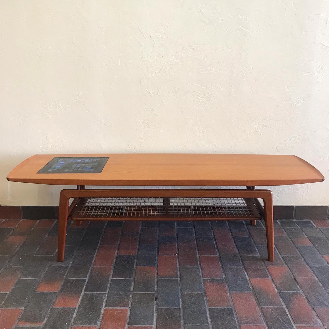 SOLD • Hovmand Olsen Teak Surfboard Coffee Table with Tile Mosaic