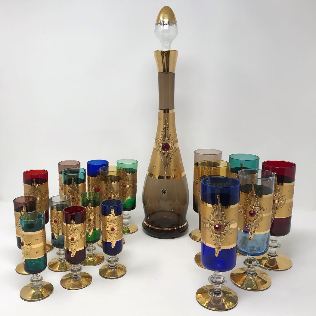 SALE • Italian Gold Jewel Decanter + Glasses