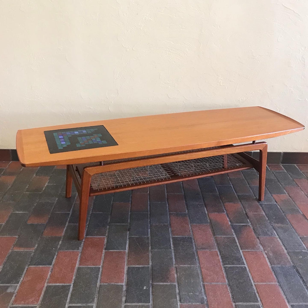 SOLD • Hovmand Olsen Teak Surfboard Coffee Table with Tile Mosaic