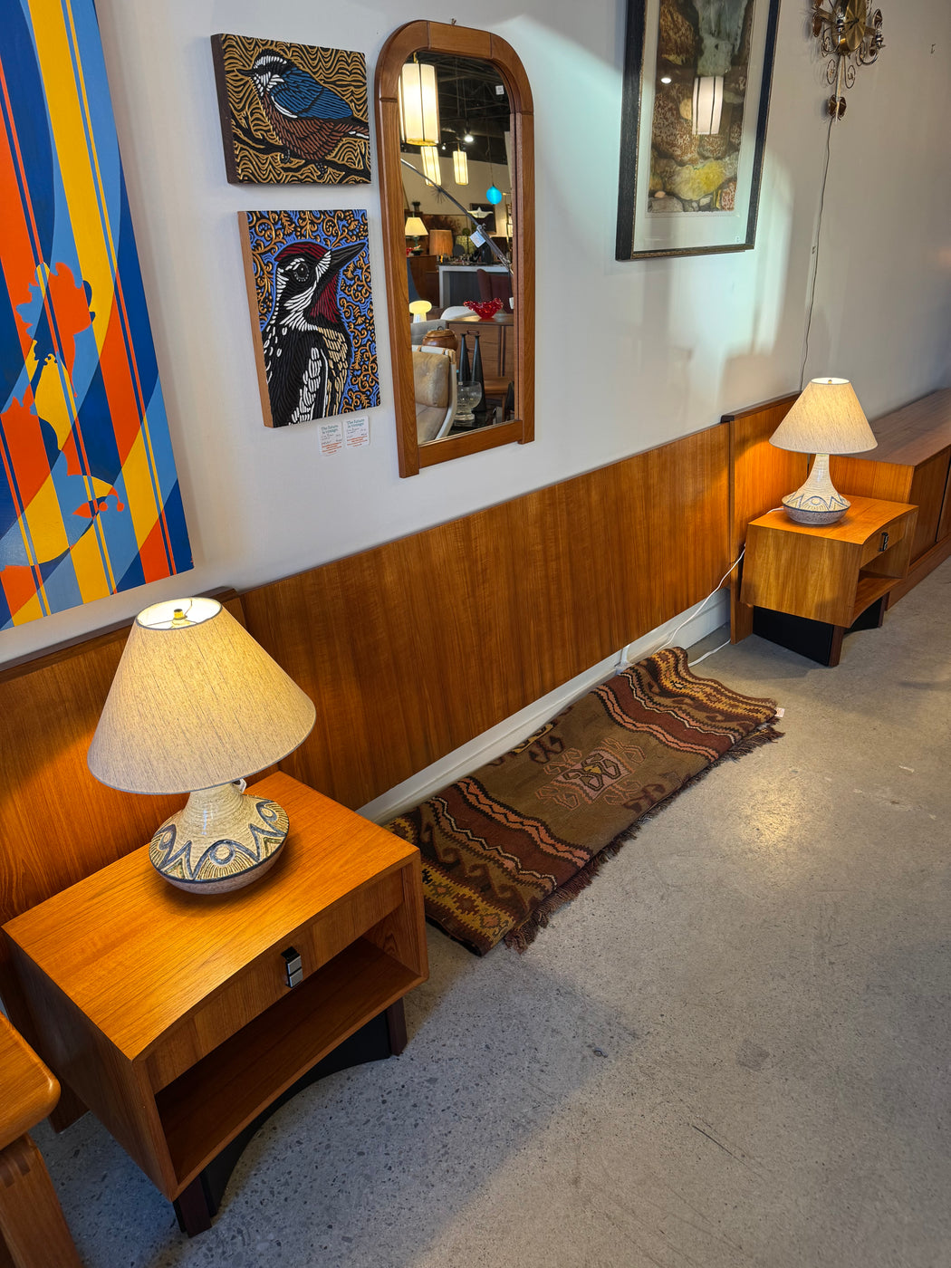 RS Associates Teak King Headboard + Nightstands