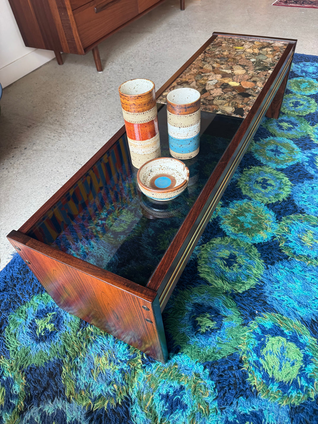 Rosewood + Glass Coffee Table