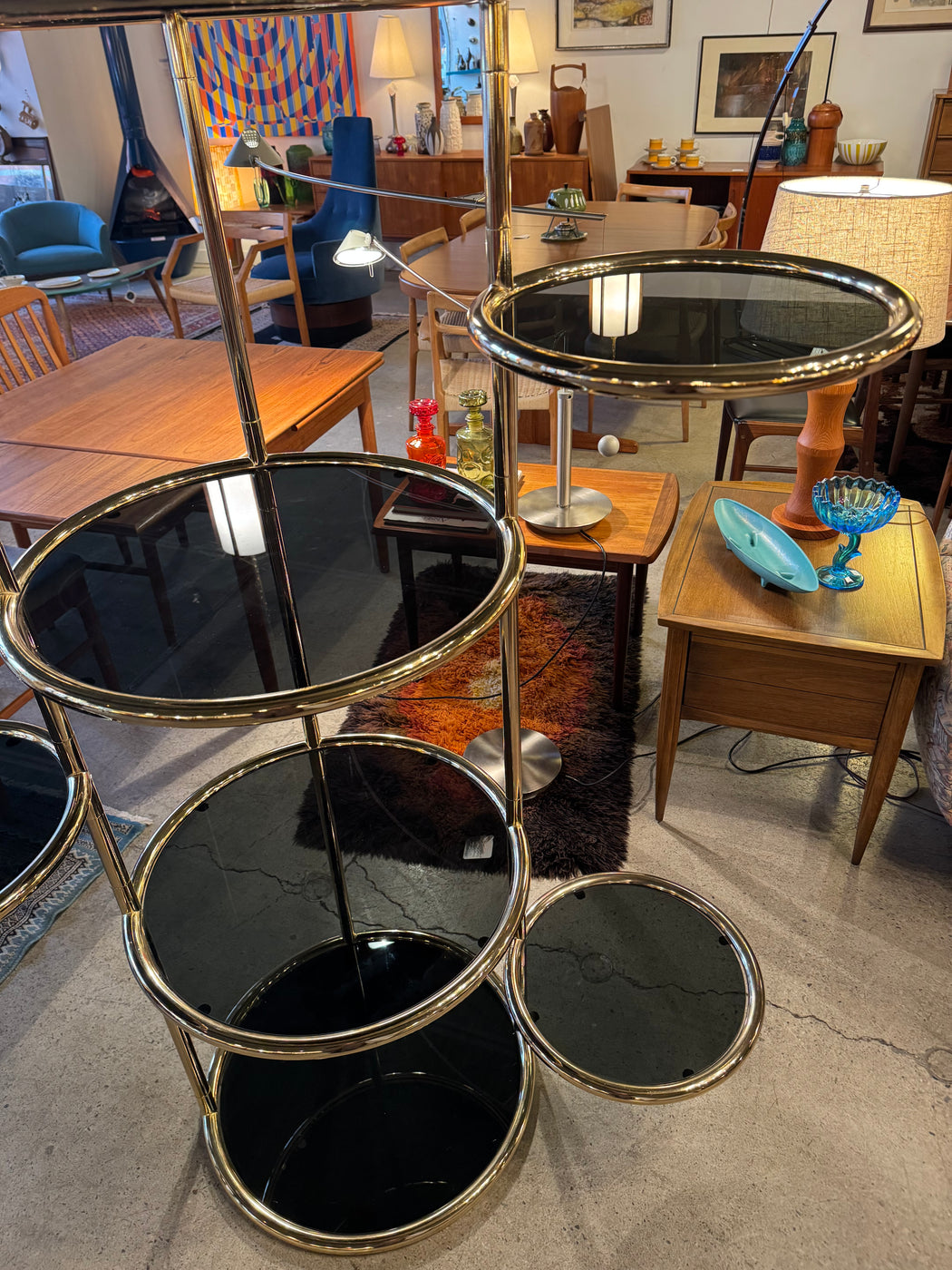 Vintage Brass + Smoked Glass Etagere