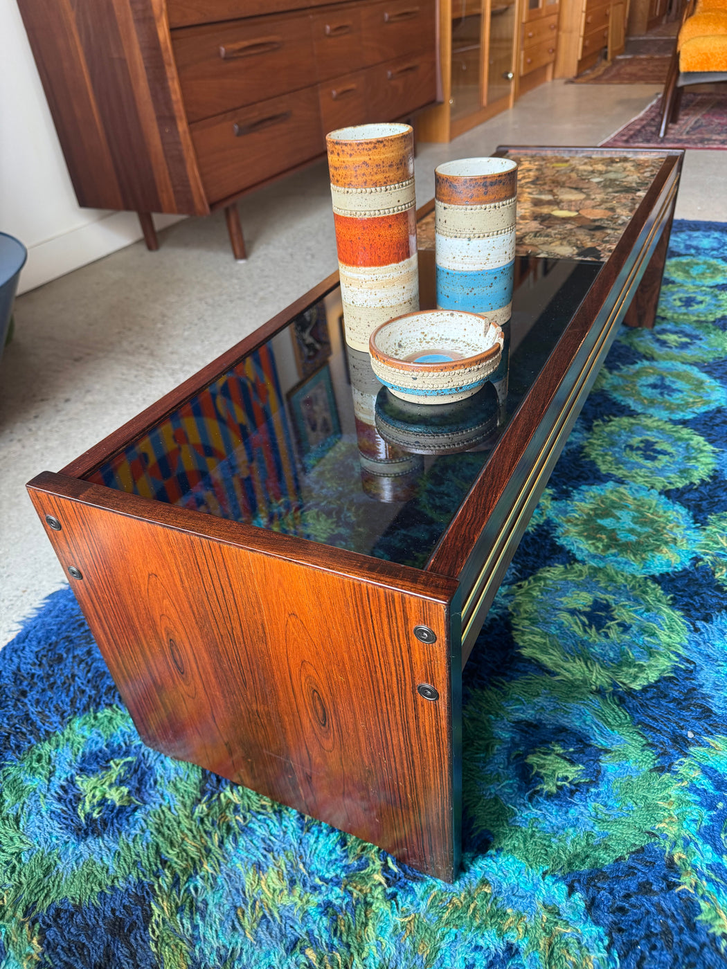 Rosewood + Glass Coffee Table