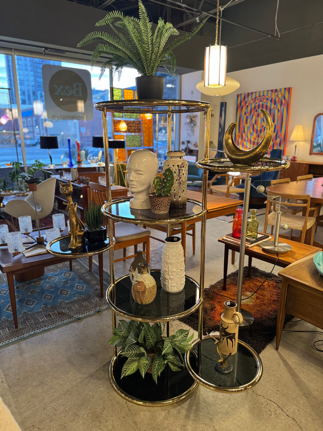 Vintage Brass + Smoked Glass Etagere