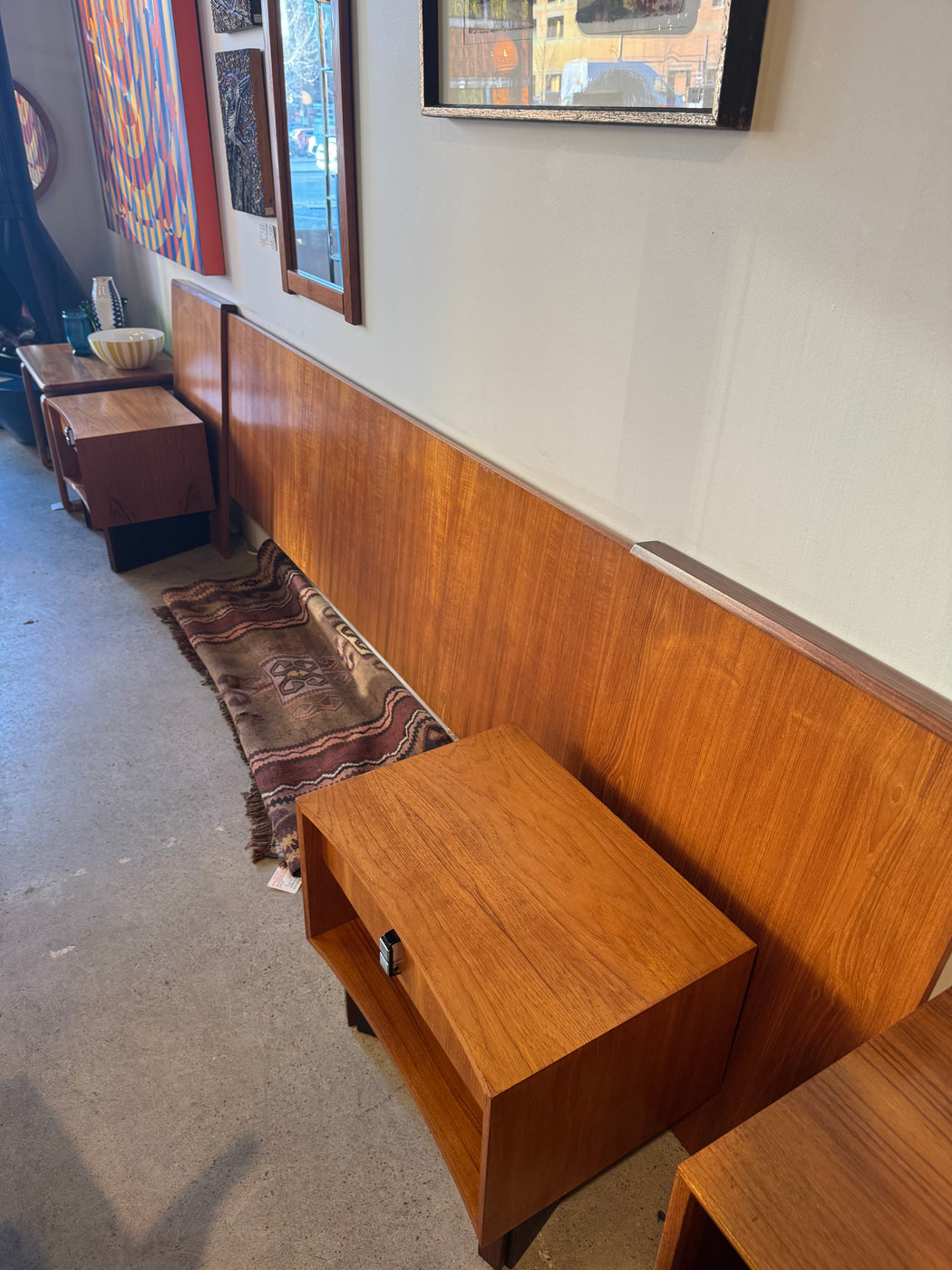 RS Associates Teak King Headboard + Nightstands